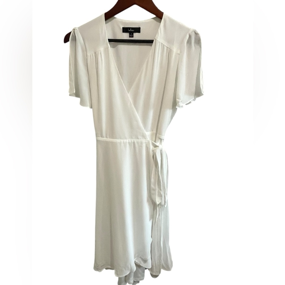 LULU'S sz S  Occasion White Midi Wrap Sheer lined Dress Flutter Split Sleeve